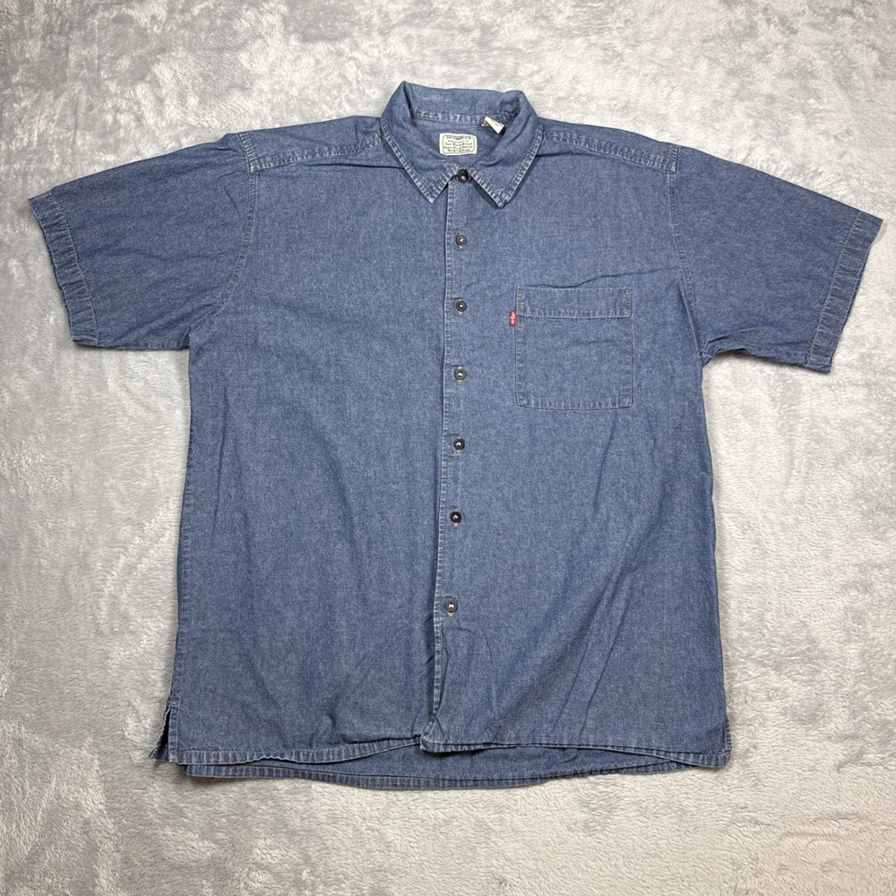 Levi Strauss Denim Short Sleeve Shirt Men L Blue One Pocket Two Horse Brand